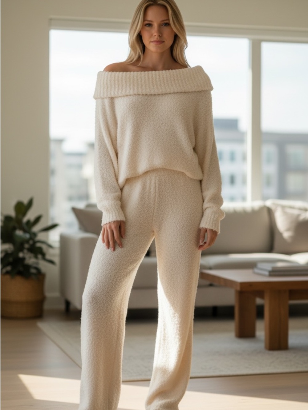 Pink Rose Lounge Set L Cream Off Shoulder Top Pants Soft Cozy 2 Pc - Picture 5 of 5